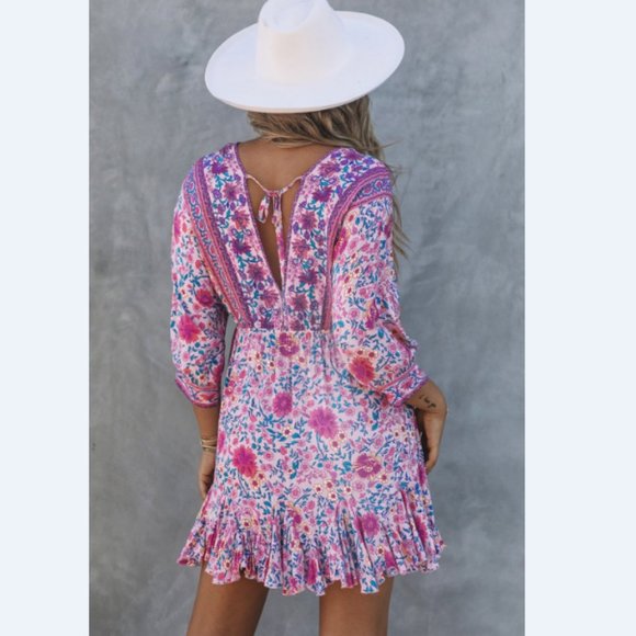 Bohemian Ruffle Hem Drawstring Waist Mini Dress - Picture 3 of 6